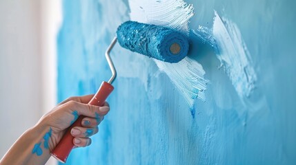 hand holding a painter roller with blue paint, transforming a white wall.