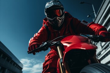 A man in a vibrant red suit riding a matching red motorcycle on the road.
 - obrazy, fototapety, plakaty