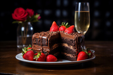Tasty chocolate cake on grey table
