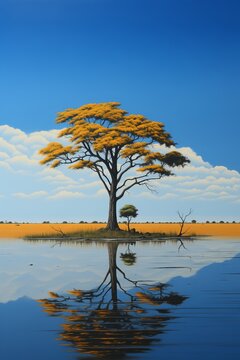 A painting depicting a yellow tree stands in the center of a calm lake, surrounded by water creating a striking reflection.