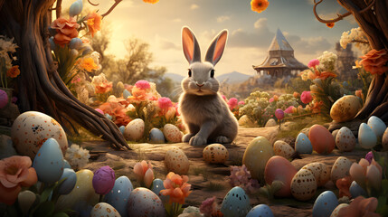 A playful and whimsical Easter scene with decorated eggs, bunnies, and spring flowers, capturing the spirit of renewal and joy associated with the holiday, Illustration Generative AI