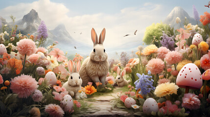 A playful and whimsical Easter scene with decorated eggs, bunnies, and spring flowers, capturing the spirit of renewal and joy associated with the holiday, Illustration Generative AI