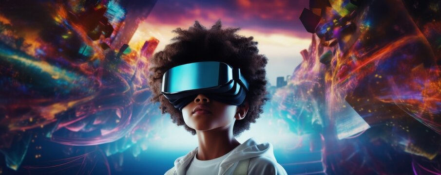 Boy in futuristic VR googles is exploring world with feeling like in space, banner. Generative Ai.