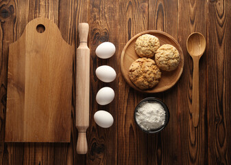 Ingredients for baking and preparing homemade cereal cookies. Cooking process. Flat lay