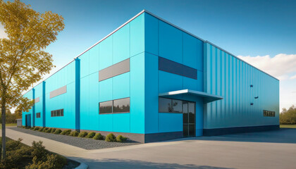 Fototapeta na wymiar Exterior view of modern blue warehouse
