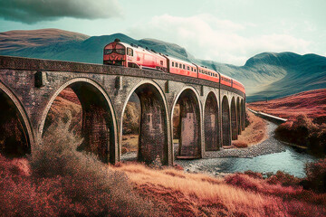 Vintage Steam Train Crossing a Stone Viaduct - obrazy, fototapety, plakaty