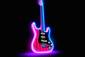 Guitar with neon effect. Live music concert. Acoustic guitar. Music instrument.