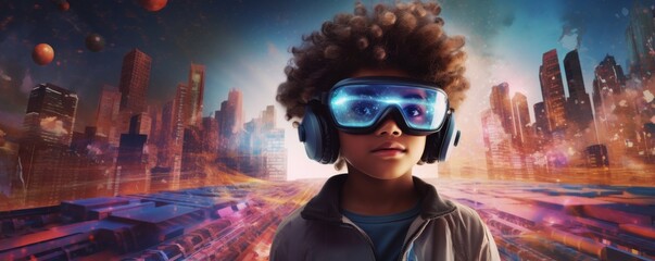 Boy in futuristic VR googles is exploring world with feeling like in space, banner. Generative Ai. - obrazy, fototapety, plakaty