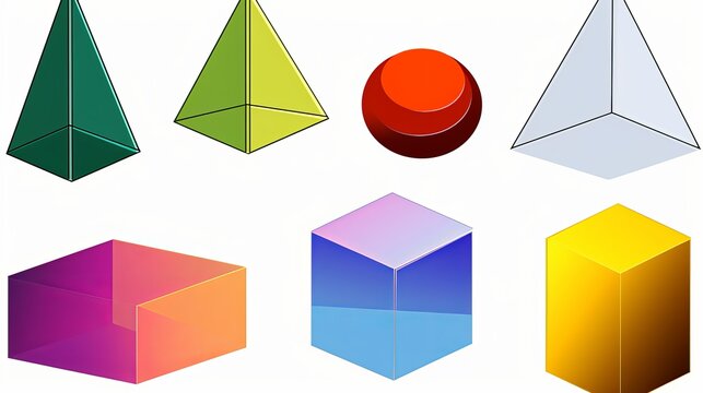 Geometry solids including cubes, rectangular prisms, pyramids, triangular prisms, cones, cylinders, and spheres are depicted, offering a comprehensive view of geometric shapes.