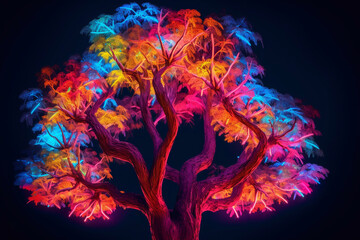Tree figurine with neon multi-colored light. Magic tree.