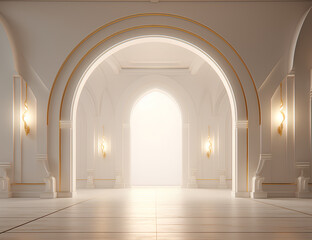 an arched door and golden arched lights, in the style of maquette, minimalist stage designs
