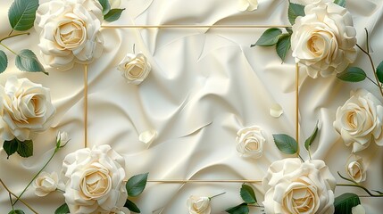 frame with white roses on a glossy background.