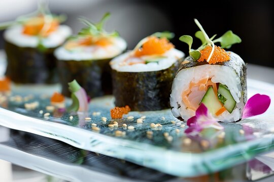 Artisanal sushi rolls made with responsibly sourced fish and organic, locally grown vegetables, wrapped in biodegradable seaweed.