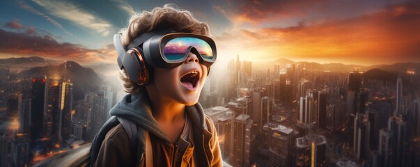 Boy in futuristic VR googles is exploring world with feeling like in space, banner. Generative Ai. - obrazy, fototapety, plakaty