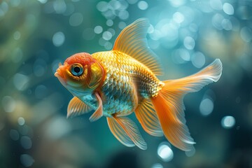 Fototapeta premium This image captures a goldfish displaying its stunning orange hues backed by a soft-focus, serene underwater backdrop