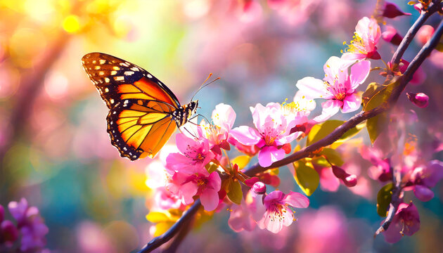 Spring blossom flowers with beautiful butterfly Flying
