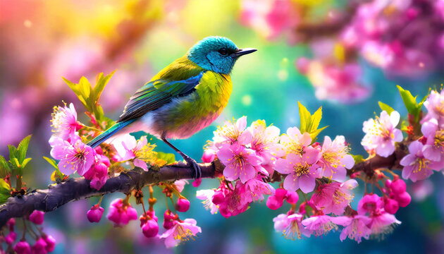 Spring branch of blossom pink flowers with Blue Bird