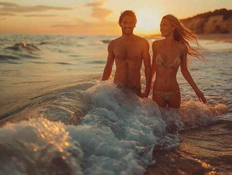 beautiful couple play on the beach in the sunset time.