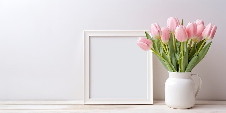Interior of a home with decor including a white frame, pink tulips in a vase, on a light background.