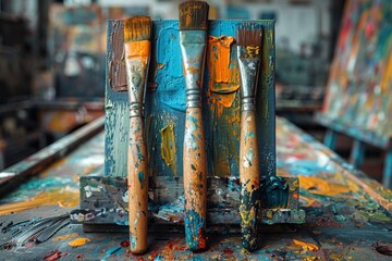 An image showcasing three paintbrushes with worn bristles, covered in multicolored paint, resting...