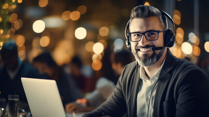 Concentrated skilled millennial caucasian businessman in glasses wearing headphones with mic, taking part in online web camera negotiations meeting using computer app, distant communication concept. - obrazy, fototapety, plakaty