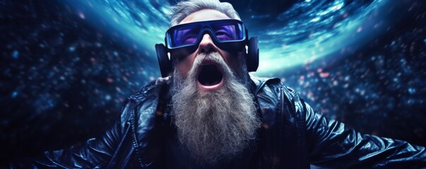 Old men in futuristic VR googles is exploring world with feeling like in space, banner. Generative Ai. - obrazy, fototapety, plakaty