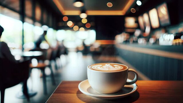 There is a freshly made latte on the table in the coffee shop.