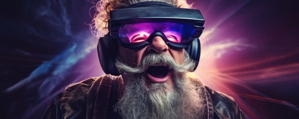 Old men in futuristic VR googles is exploring world with feeling like in space, banner. Generative Ai. - obrazy, fototapety, plakaty