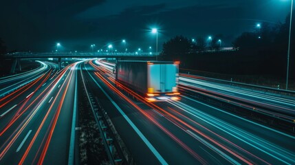 Fototapeta na wymiar Truck on road at night. Motion blur with light trails