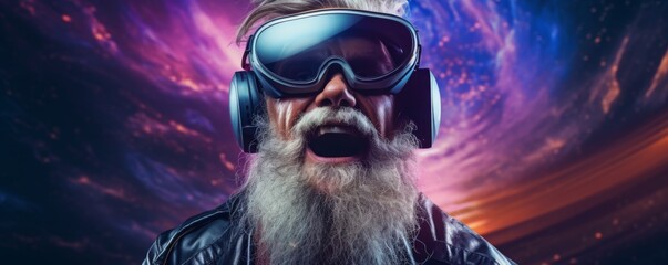 Old men in futuristic VR googles is exploring world with feeling like in space, banner. Generative Ai.