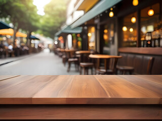 Wood Table Set Against the Blurred Ambiance of a Cozy Coffee Shop