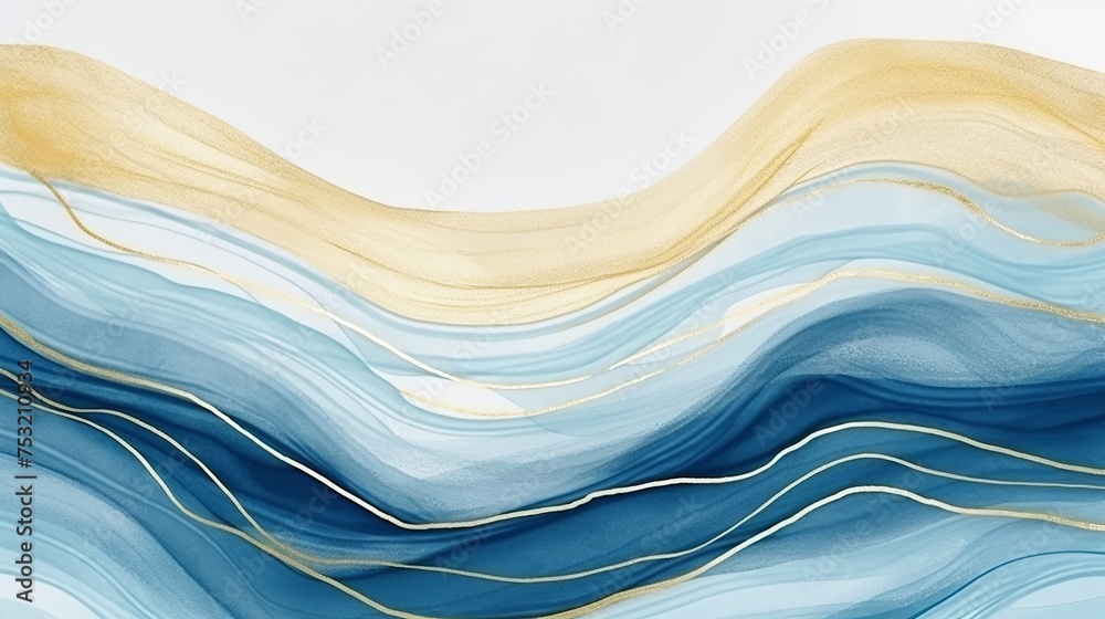 Wall mural modern abstract golden lines intertwine with a blue watercolor background, creating an artistic and 