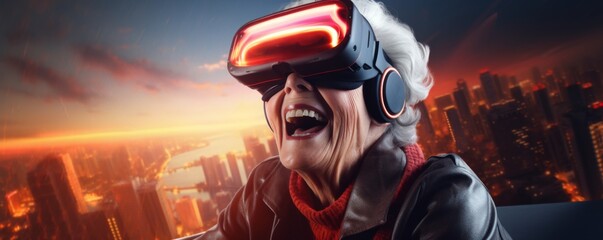 Pensioner in futuristic VR googles is exploring world with feeling like in space, banner. Generative Ai. - obrazy, fototapety, plakaty