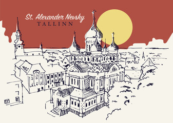 Drawing sketch illustration of St. Alexander Nevsky Cathedral in Tallinn, Estonia