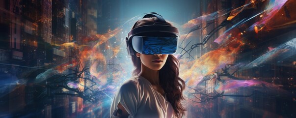 Women in futuristic VR googles is exploring world with feeling like in space, banner. Generative Ai. - obrazy, fototapety, plakaty