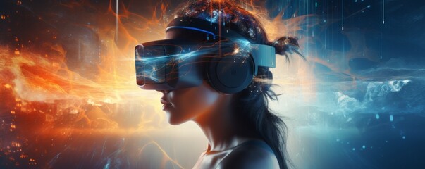 Women in futuristic VR googles is exploring world with feeling like in space, banner. Generative Ai.