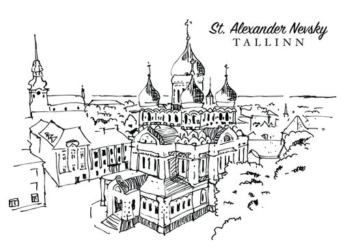 Drawing sketch illustration of St. Alexander Nevsky Cathedral in Tallinn, Estonia