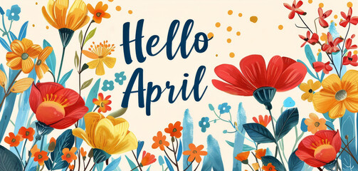 Floral Frame With Hello April - obrazy, fototapety, plakaty