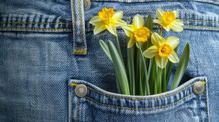 Showcase daffodils growing in a jeans pocket, blending floral fashion and botanical elegance