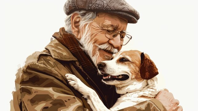 An illustrated image capturing a warm embrace between a senior man with glasses and his beloved Jack Russell Terrier, depicting companionship and love.
