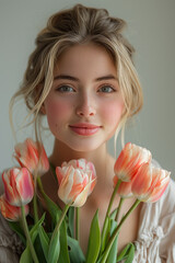 Young European woman with a bouquet of tulips.