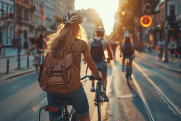 A group of friends biking through a bright cityscape.