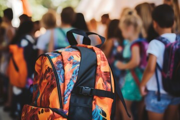 First day elementary school group little kids schoolchildren pupils student together going college class lesson study learn backpacks blurred background. Academic semester year start primary education