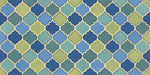 Moroccan Seamless Pattern. Arabic Mosaic Watercolor Ornament. Eid Mubarak Muslim Background. Ramadan Kareem Islamic Illustration. Turkish Mosque Window Shape.