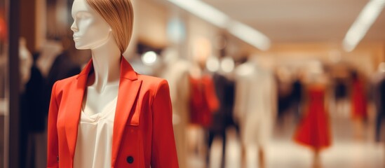 Mannequin in casual ladies clothing Women s clothes on display at a fashion boutique Trendy and stylish attire in a shopping mall setting Background blurred with space for text Sale offers 