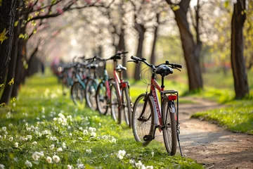 Tuinposter Eco-Friendly Earth Day Transportation Bicycles Lined Up in a Park, Encouraging Green Mobility Amongst Blooming Nature © Dilawar Meharban