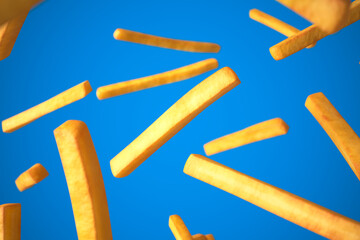 Golden French Fries in Midair Against a Striking Blue Backdrop