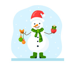 Funny flat snowman with Christmas hat and scarf on snowy background. Vector cartoon illustration of fairy tale character with smile and festive balls. Hand drawn winter image for holiday greeting card