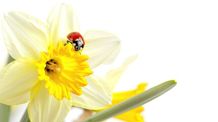 floral frame with a blooming daffodil and a ladybug on an empty page against a white background