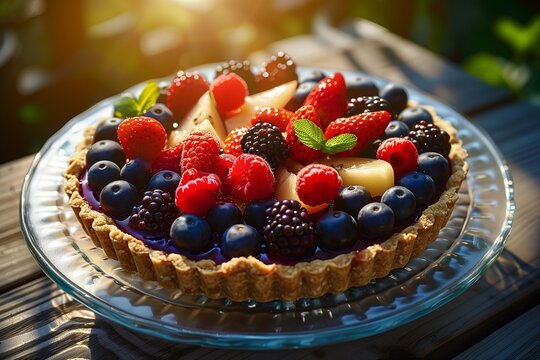 Eco-friendly fruit tart featuring a vibrant array of organic berries and fruits on a compostable wheat crust, celebrating Earth Day